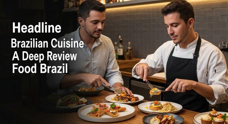 Chef plating Brazilian dish in a vibrant kitchen.