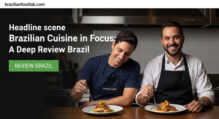 Chef plating Brazilian dish in a vibrant kitchen.