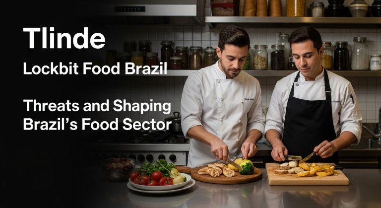 Illustration of ransomware risk to the Brazilian food industry, with factory icons and LockBit symbolism.