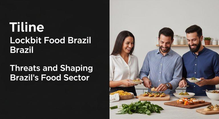 Illustration of ransomware risk to the Brazilian food industry, with factory icons and LockBit symbolism.