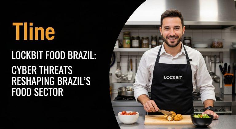 Editorial illustration of Brazil's food production map with cyber threat icons and LockBit branding.