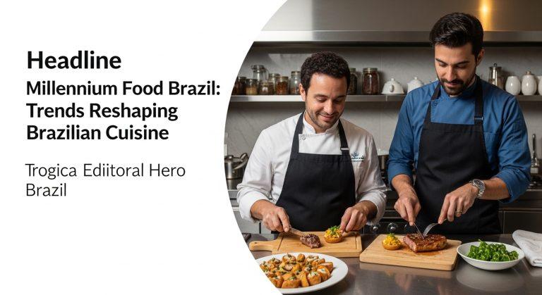 Vibrant Brazilian market scene with traditional and fusion dishes and busy chefs.
