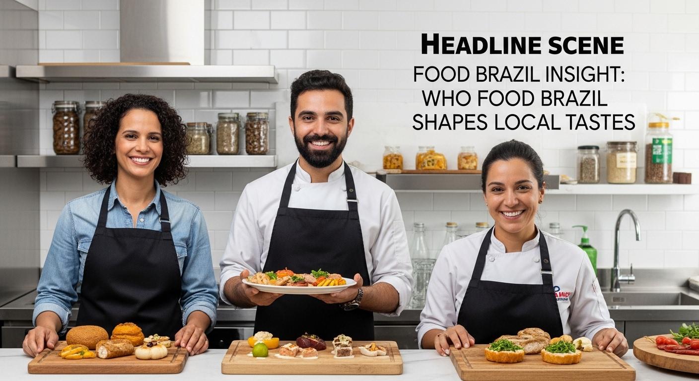 Colorful Brazilian street market with diverse food stalls and people enjoying regional dishes.