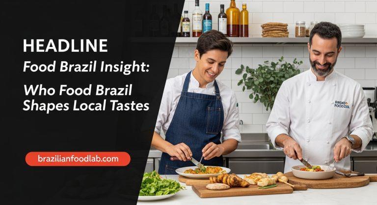 Colorful Brazilian street market with diverse food stalls and people enjoying regional dishes.