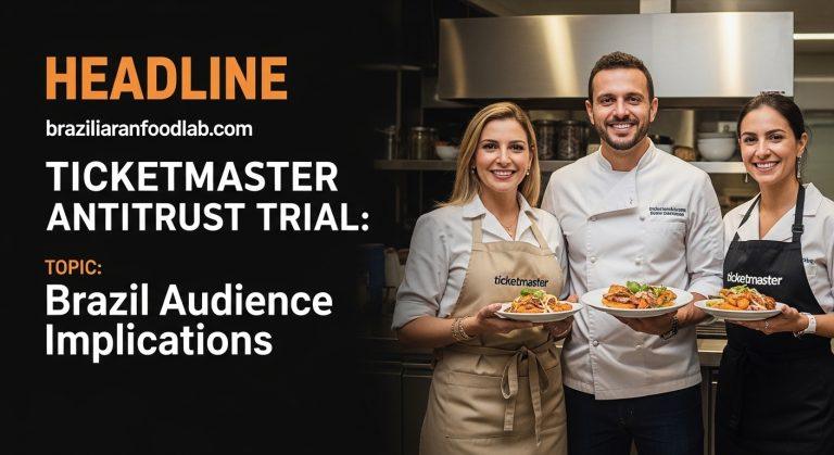 Newsroom desk with Brazilian flag, tickets, and Ticketmaster-themed chart for antitrust analysis.
