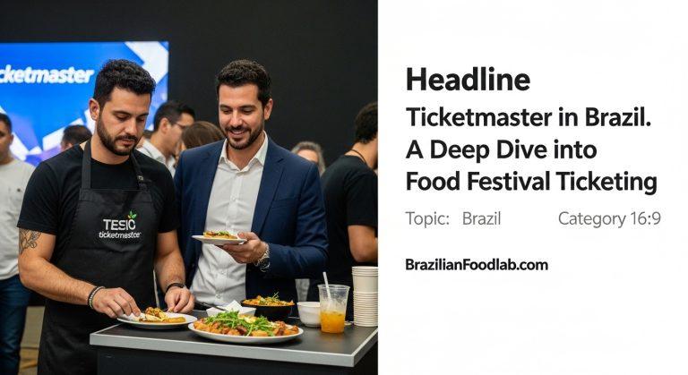 Brazilian street-food market with a smartphone showing a ticketing app and subtle Ticketmaster branding