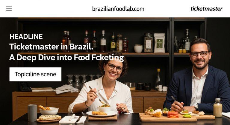 Brazilian street-food market with a smartphone showing a ticketing app and subtle Ticketmaster branding