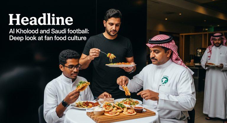 Fans at a Saudi Pro League match with Al-Kholood banners and nearby food stalls.