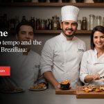 Editorial view of a Brazilian kitchen planning around weather forecasts with rain imagery and food staples on the counte