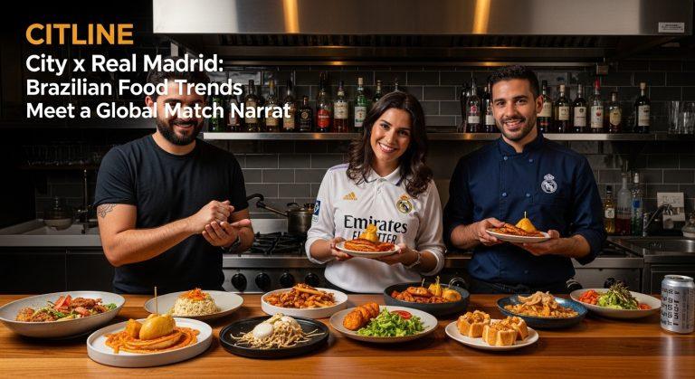 Brazilian kitchen and sports bar with City vs Real Madrid game on screen and festive snacks on the table.