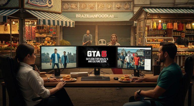 Editorial illustration of GTA 6 coverage intersecting Brazilian food culture.