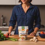 Brazilian foods and sports nutrition products on a kitchen table.