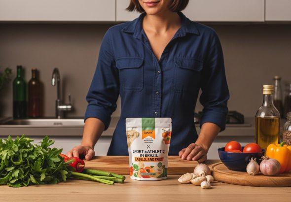 Brazilian foods and sports nutrition products on a kitchen table.