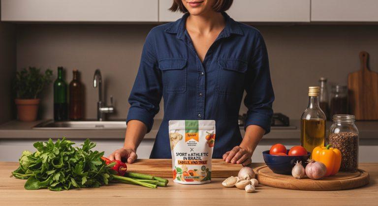 Brazilian foods and sports nutrition products on a kitchen table.